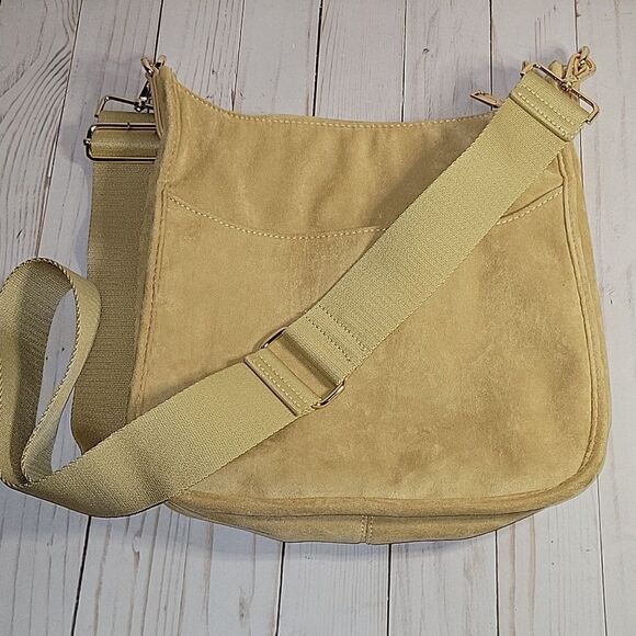 Ah dorned Messenger Crossbody Bag Faux Suede Light Tan  Camel Guitar Strap - Picture 2 of 13